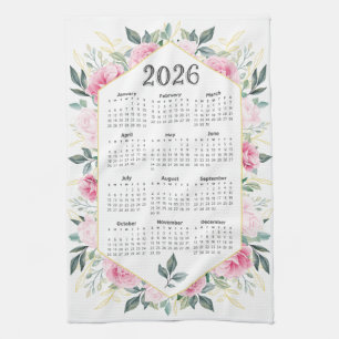 Linge De Cuisine 2026 Calendrier Aquarelle Rose Botanique Vert