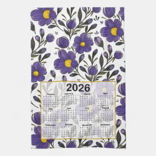 Linge De Cuisine 2026 Calendrier Fleurs violettes bleues avec Feuil