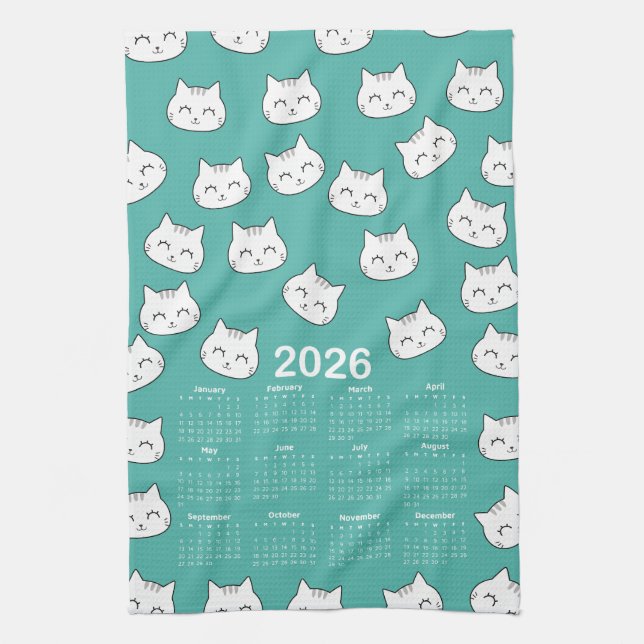 Linge De Cuisine 2026 Calendrier mignon chat visage Motif (Vertical)