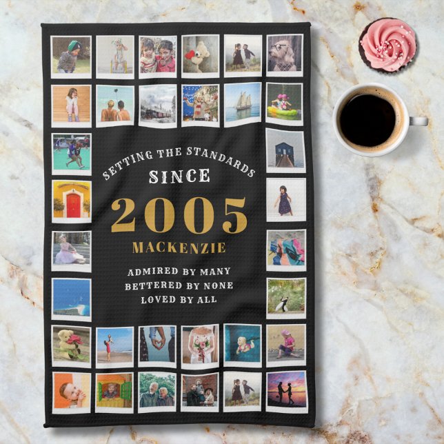 Linge De Cuisine 21st Birthday 2005 Family Memories Photo Collage  (2005 Kitchen towel. Marble background.)