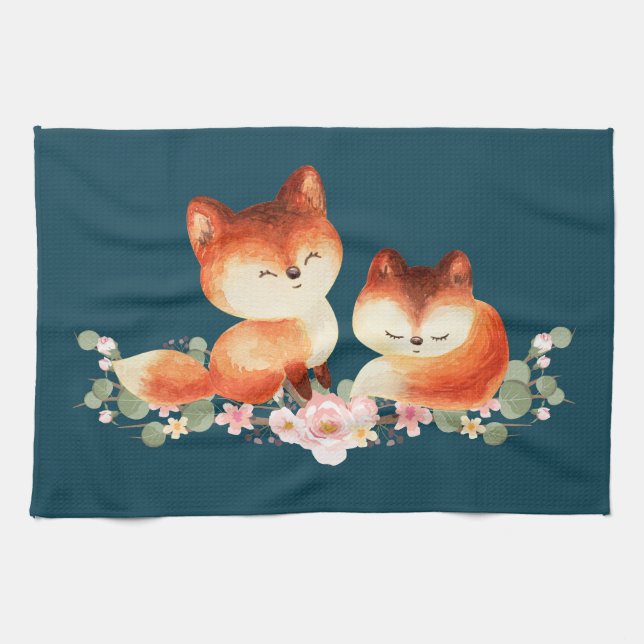 Linge De Cuisine 2 mignons Petits Renards Rouges Aquarelle Design (Horizontal)