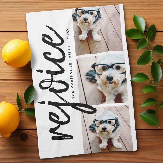 Linge De Cuisine 3 Collage photo - Joyeux Noël moderne Rejoice (Personalized Kitchen Towel with photos and text - Makes a great gift)