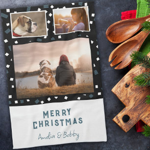 Linge De Cuisine 3 Photo Collage moderne noir blanc bleu Noël