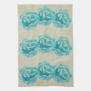 Linge De Cuisine 3 Roses Turquoises d'aquarelle sur le motif Tan Da