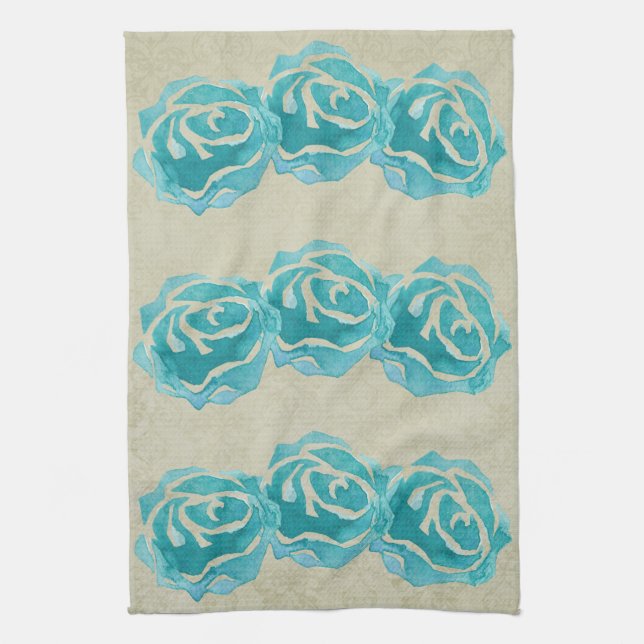Linge De Cuisine 3 Roses Turquoises d'aquarelle sur le motif Tan Da (Vertical)