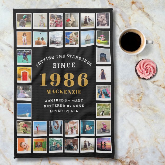 Linge De Cuisine 40th Birthday 1986 Family Memories Photo Collage  (1986 Kitchen towel. Marble background. )
