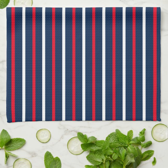 Linge De Cuisine 4 juillet rouge blanc marine bleu rayures patrioti (Plié)