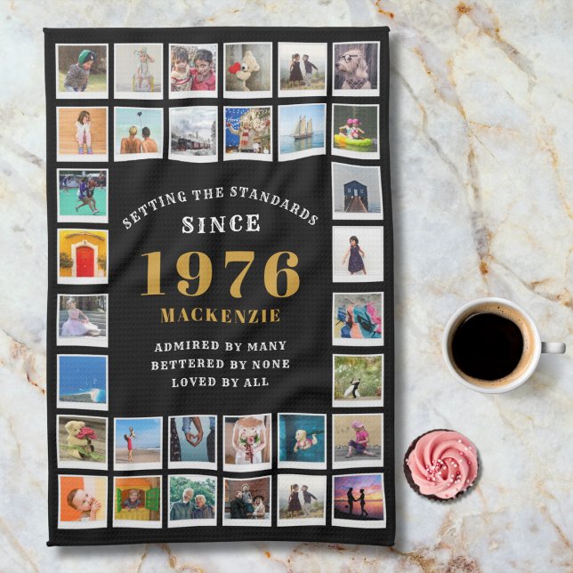 Linge De Cuisine 50th Birthday 1976 Family Memories Photo Collage (1976 Kitchen towel. Marble background.)