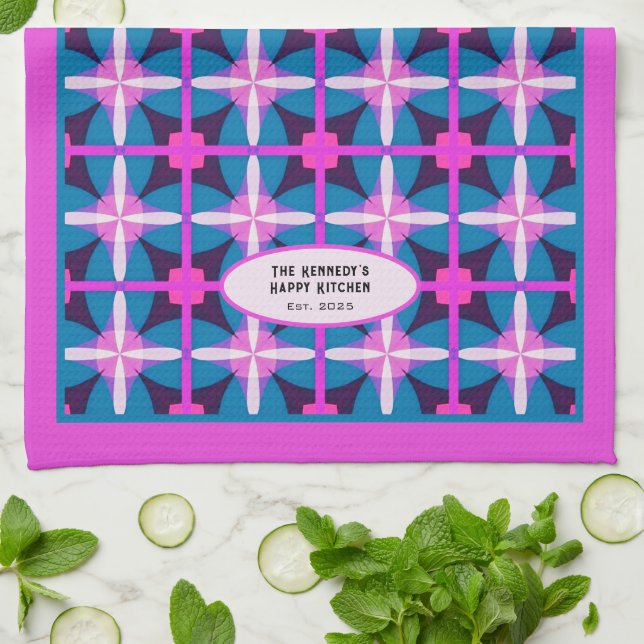 Linge De Cuisine 60s Abstrait bleu rose Flore Kaleidoscope Design (Plié)