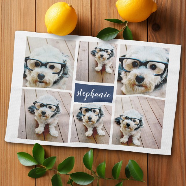 Linge De Cuisine 6 Photo Collage Nom Minimaliste - Peut modifier la (Personalized kitchen towel with photo collage)