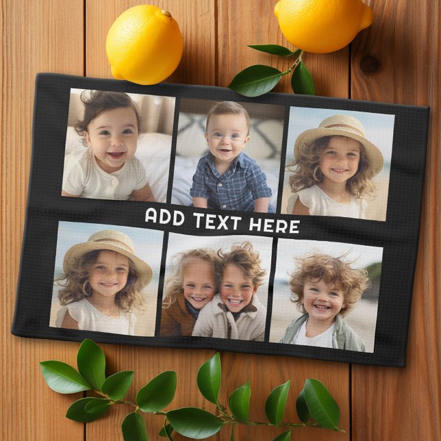 Linge De Cuisine 6 Photos avec texte blanc sur noir (Custom Kitchen Towel with Photo Collage)