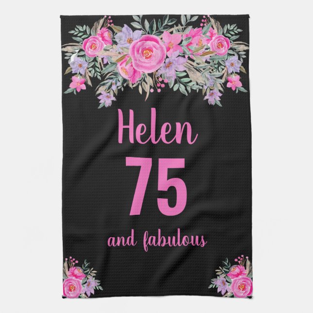 Linge De Cuisine 75e anniversaire noir rose floral unique (Vertical)