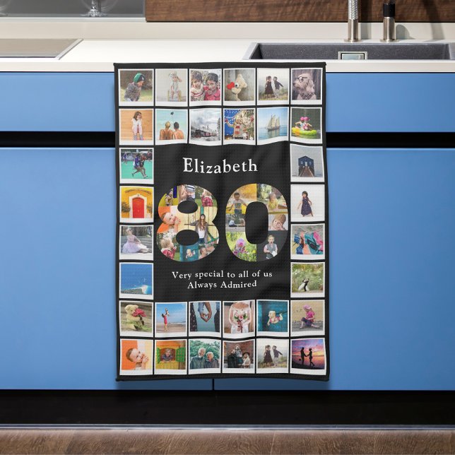Linge De Cuisine 80e anniversaire Modèle photo (Personalized 80th birthday kitchen towel with family photo collage template.)