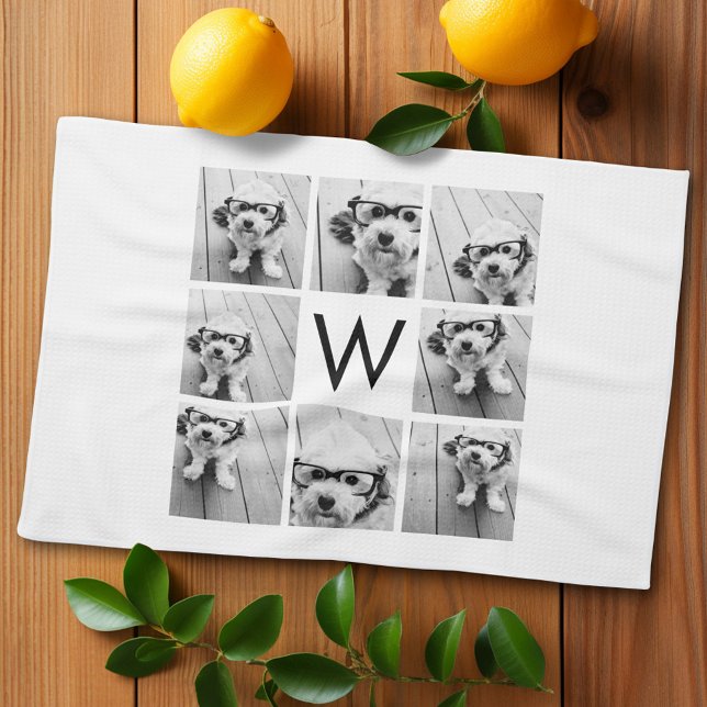 Linge De Cuisine 8 Photo Collage personnalisé Monogramme noir et bl (Personalized kitchen towel with photo collage)