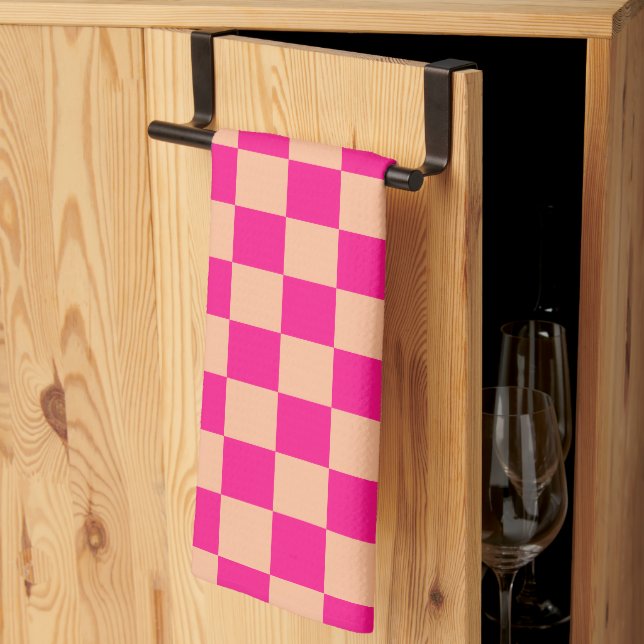 Linge De Cuisine à damiers carré pêche rose chaud rétro géométrique (Pliage en tiers)