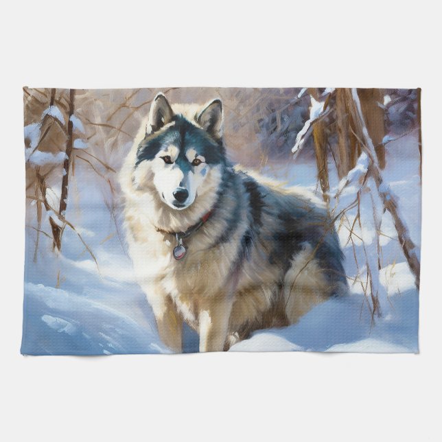 Linge De Cuisine Aaskan Malamute Laisser Il Neige Noël (Horizontal)