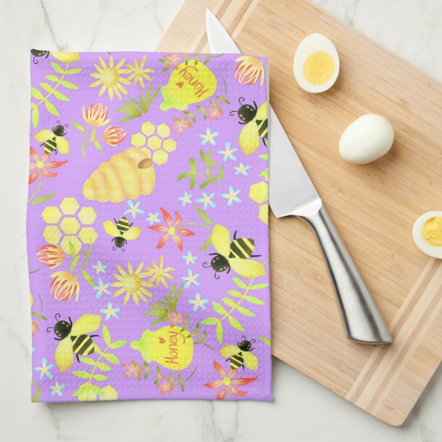 Linge De Cuisine Abeille de miel violet (Quart Plié)