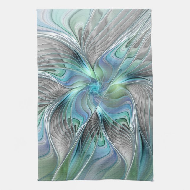 Linge De Cuisine Abstrait Bleu Vert Papillon Imaginaire Fractal Art (Vertical)