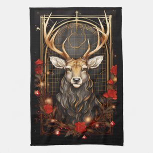 Linge De Cuisine Abstrait Deer Stag Moderne Antlers Flower Wreath