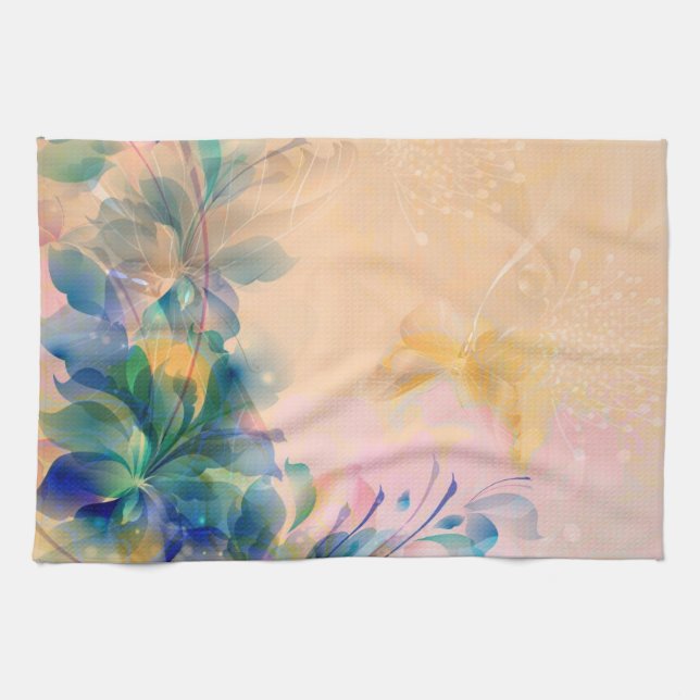 Linge De Cuisine Abstrait Floral Arrière - plan Bleu Et Beige (Horizontal)