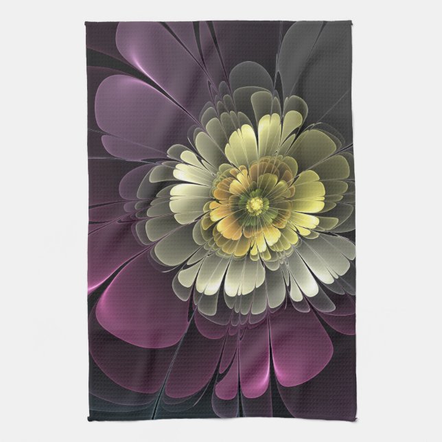 Linge De Cuisine Abstrait Purpur moderne Khaki Gris Fleur fractale  (Vertical)