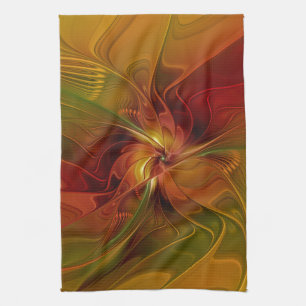 Linge De Cuisine Abstrait Rouge Orange Brown Vert Fractal Art Flowe