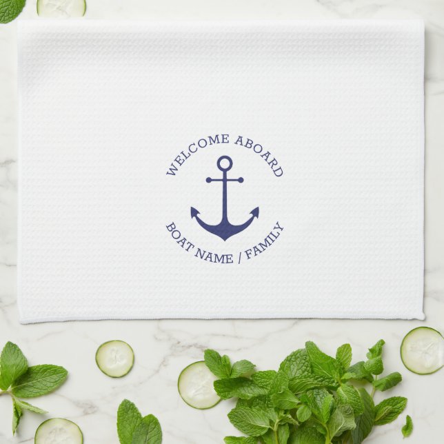 Linge De Cuisine Accueil personnalisé À bord de l'ancre bleue marin (Plié)