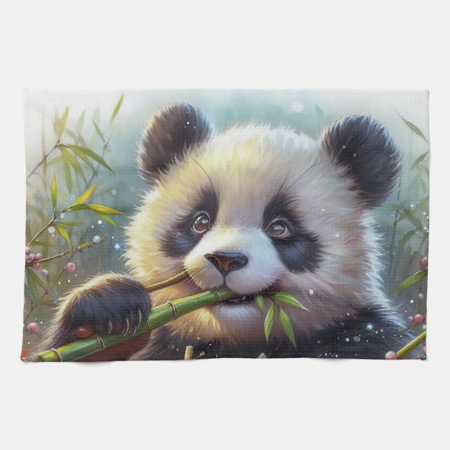 Linge De Cuisine Adorable Ours De Panda Mangeant Bambou (Horizontal)