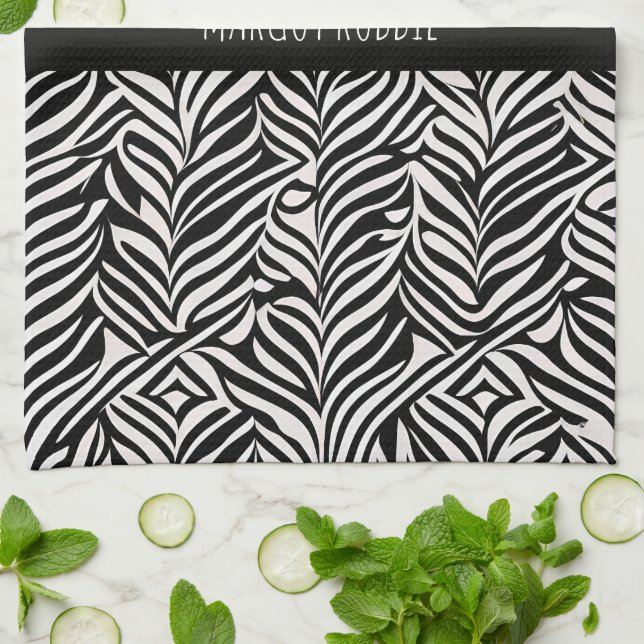 Linge De Cuisine Africain Damask Subtil noir blanc Motif (Plié)