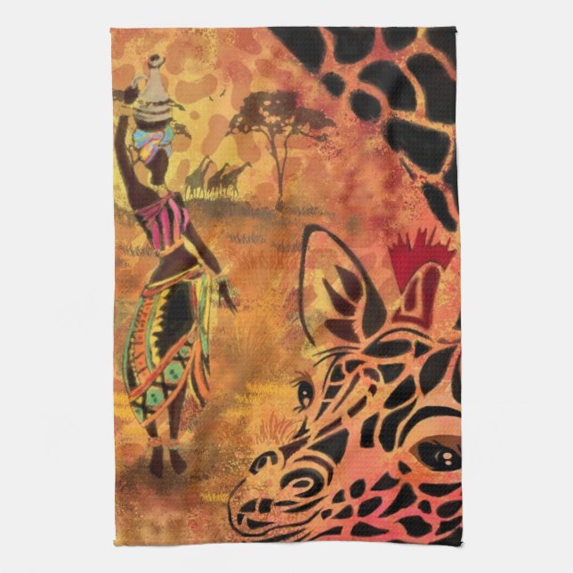 Linge De Cuisine African Girl and Giraffe - Friends - Art Drawing - (Vertical)