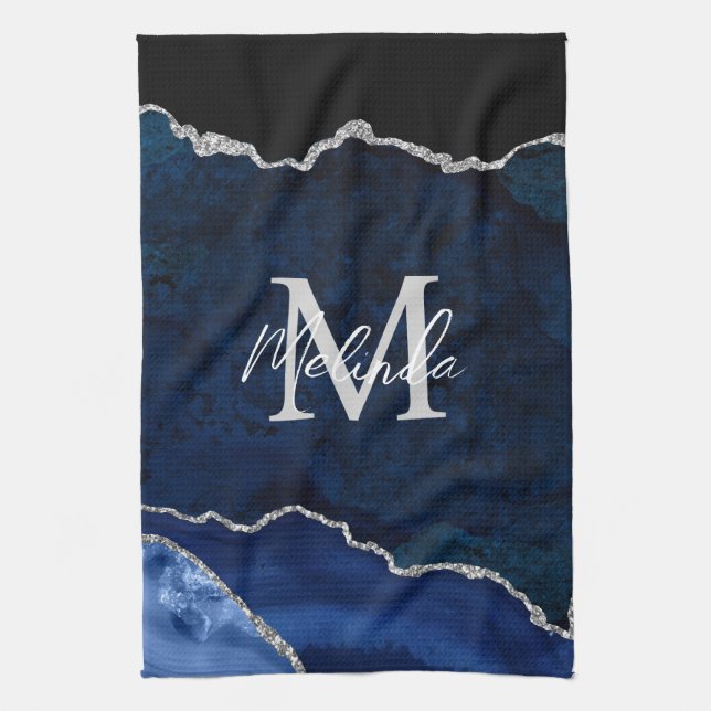 Linge De Cuisine Agate de marbre bleu marine et argenté (Vertical)