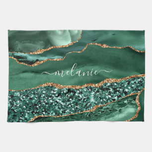Linge De Cuisine Agate Green Gold Emerald Nom personnalisé Serviett