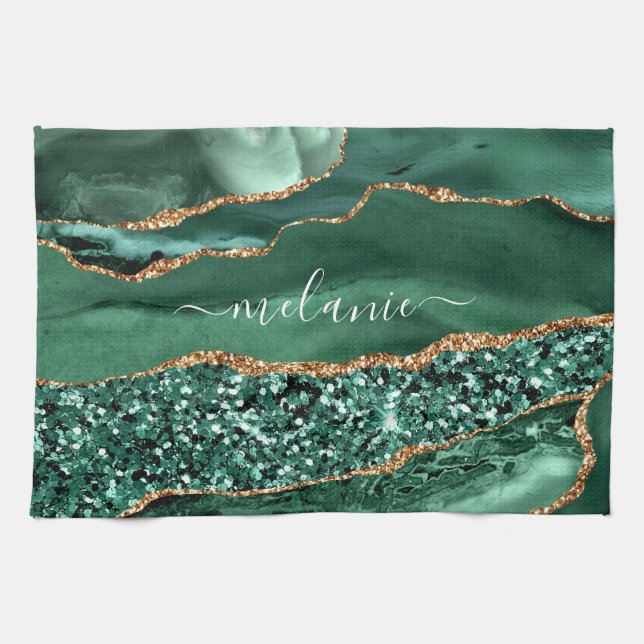 Linge De Cuisine Agate Green Gold Emerald Nom personnalisé Serviett (Horizontal)