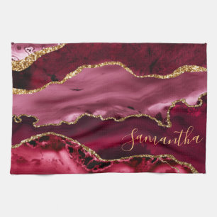 Linge De Cuisine Agate Marbre Paillettes Or Faux et Rouge