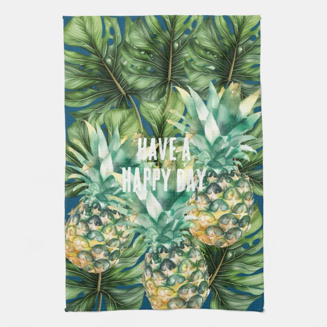 Linge De Cuisine Aiguilles Feuilles tropicales bleues (Vertical)