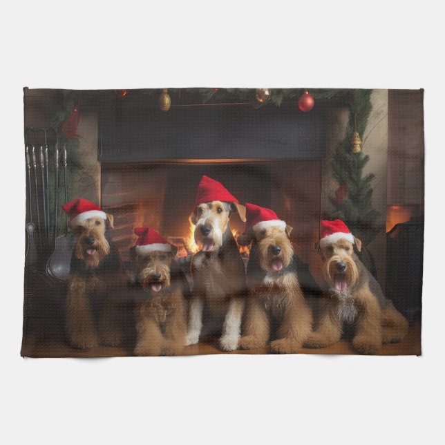 Linge De Cuisine Airedale près de la cheminée Noël (Horizontal)