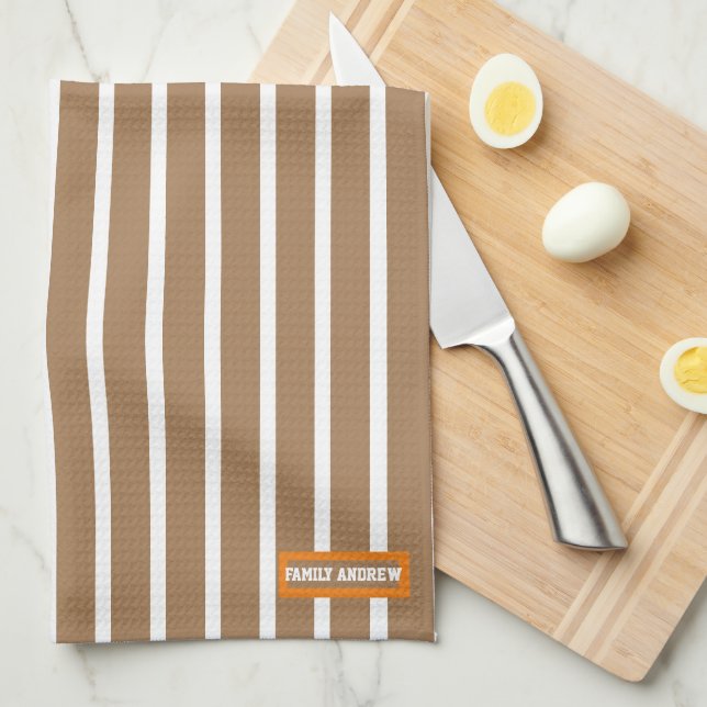 Linge De Cuisine Ajouter votre texte blanc brun rayures motif éléga (Quart Plié)