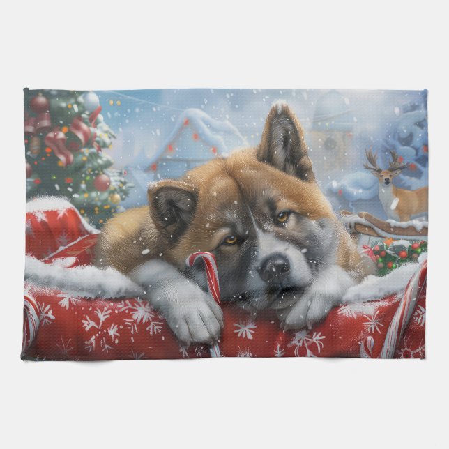 Linge De Cuisine Akita Chien Festive de Noël (Horizontal)