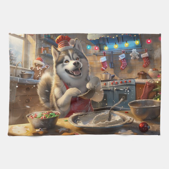 Linge De Cuisine Alaskan Malamute : Noël festif (Horizontal)