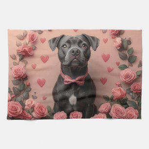 Linge De Cuisine American Staffordshire avec Roses - Saint-Valentin