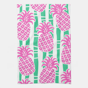 Linge De Cuisine Ananas Bambou rayures rose et Motif vert