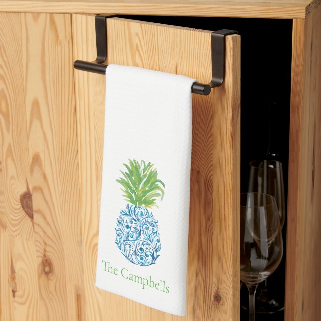 Linge De Cuisine Ananas Chinoiserie Bleu Blanc Preppy Personnalisé (Pliage en tiers)