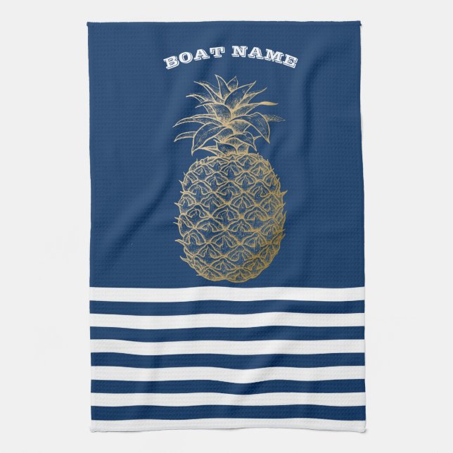 Linge De Cuisine Ananas d'or Marine marine Bleu rayé (Vertical)