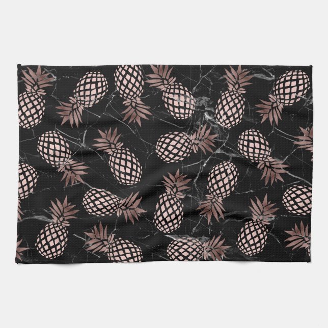 Linge De Cuisine ananas rose d'or de marbre noir moderne élégant (Horizontal)
