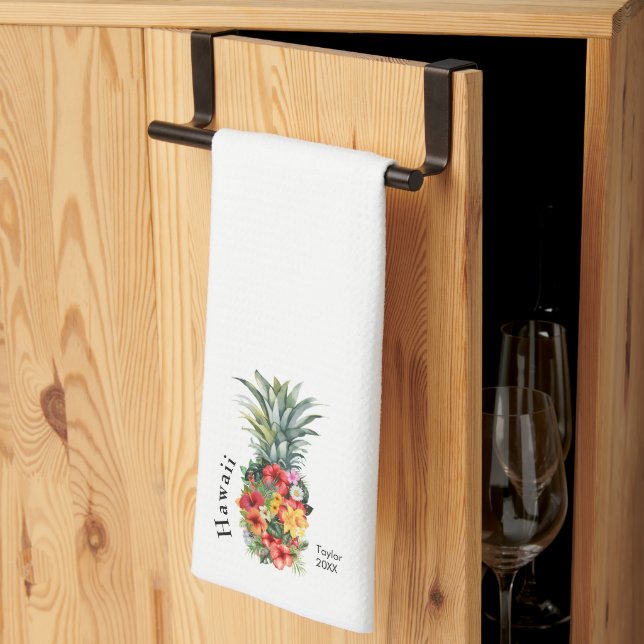 Linge De Cuisine Ananas Tropical Hawaii avec fleurs, Nom de famille (Pliage en tiers)