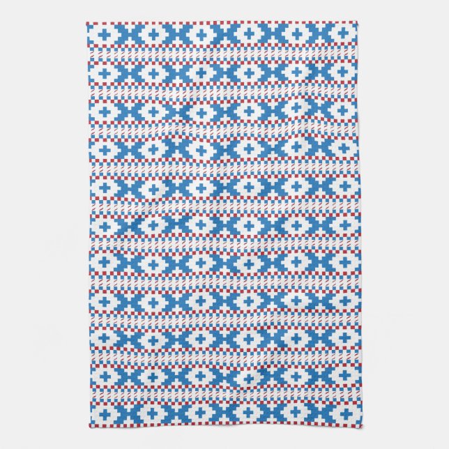 Linge De Cuisine Anciens signes lettons bleu, rouge, blanc art popu (Vertical)