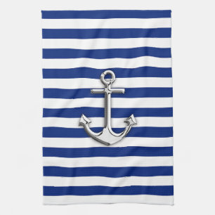 Linge De Cuisine Ancre argentée sur des rayures de bleu marine