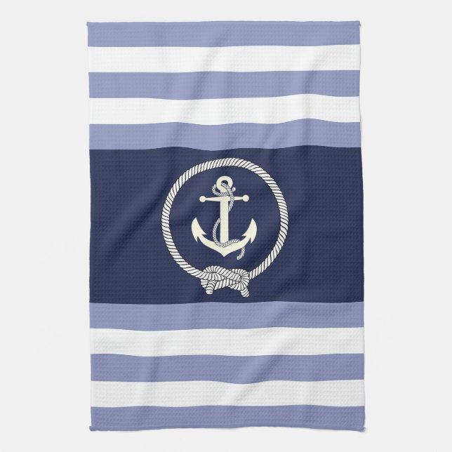 Linge De Cuisine Ancre blanche marine/noeud marine/bande bleue/blan (Vertical)