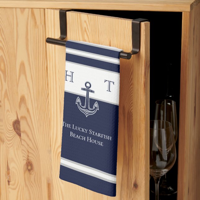 Linge De Cuisine Ancre bleue marine Nom du monogramme côtier B (Pliage en tiers)