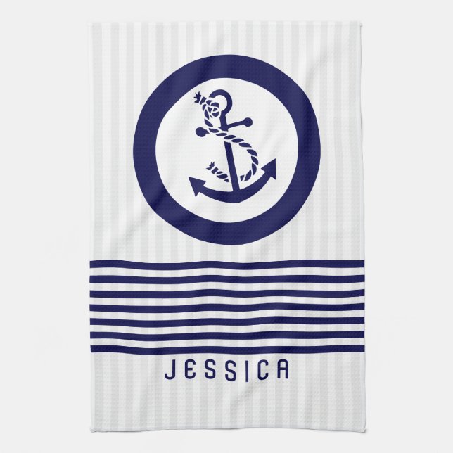 Linge De Cuisine Ancre Bleue Nautique Bateau Et Frappes (Vertical)